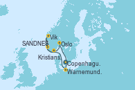 Visitando Copenhague (Dinamarca), Warnemunde (Alemania), Vik (Noruega), SANDNES (STAVANGER), Kristiansand (Noruega), Oslo (Noruega), Copenhague (Dinamarca)