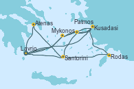 Visitando Lavrio (Grecia)Mykonos (Grecia), Kusadasi (Efeso/Turquía), Patmos (Grecia), Santorini (Grecia), Lavrio (Grecia), Mykonos (Grecia), Kusadasi (Efeso/Turquía), Patmos (Grecia), Rodas (Grecia), Santorini (Grecia), Atenas (Grecia), Lavrio (Grecia), Kusadasi (Efeso/Turquía)