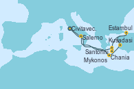 Visitando Civitavecchia (Roma), Chania (Creta/Grecia), Kusadasi (Efeso/Turquía), Estambul (Turquía), Estambul (Turquía), Santorini (Grecia), Mykonos (Grecia), Salerno (Italia), Civitavecchia (Roma)