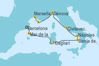 Visitando BarcelonaMar de las Baleares - Experiencia a bordo, Mar de las Baleares - Experiencia a bordo, Cagliari (Cerdeña), Nápoles (Italia), Bahía de Capri - Experiencia a bordo, Civitavecchia (Roma), Génova (Italia), Bahía de las Calanques - Experiencia a bordo, Marsella (Francia)
