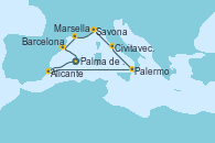 Visitando Palma de Mallorca (España), Alicante (España), Palermo (Italia), Civitavecchia (Roma), Savona (Italia), Marsella (Francia), Barcelona, Palma de Mallorca (España)