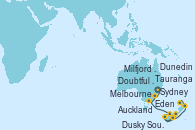 Visitando Sydney (Australia), Eden (Nueva Gales), Melbourne (Australia), Doubtful Sound (Nueva Zelanda), Milfjord Sound (Nueva Zelanda), Dusky Sound (Nueva Zelanda), Dunedin (Nueva Zelanda), Tauranga (Nueva Zelanda), Auckland (Nueva Zelanda)