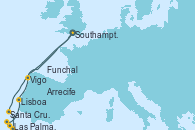 Visitando Southampton (Inglaterra), Vigo (España), Funchal (Madeira), Las Palmas de Gran Canaria (España), Santa Cruz de Tenerife (España), Arrecife (Lanzarote/España), Lisboa (Portugal), Southampton (Inglaterra)