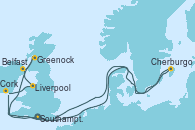 Visitando Southampton (Inglaterra), Cherburgo (Francia), Cork (Irlanda), Liverpool (Reino Unido), Belfast (Irlanda), Greenock (Escocia), Southampton (Inglaterra)