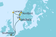 Visitando Southampton (Inglaterra), Lerwick (Escocia), Vik (Noruega), Nordfjordeid, SANDNES (STAVANGER), Southampton (Inglaterra)