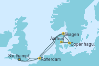 Visitando Southampton (Inglaterra), Skagen (Dinamarca), Aarhus (Dinamarca), Copenhague (Dinamarca), Rotterdam (Holanda), Southampton (Inglaterra)