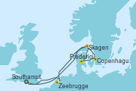 Visitando Southampton (Inglaterra), Skagen (Dinamarca), Fredericia (Dinamarca), Copenhague (Dinamarca), Zeebrugge (Bruselas), Southampton (Inglaterra)