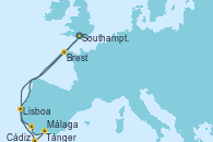Visitando Southampton (Inglaterra), Brest (Francia), Lisboa (Portugal), Tánger (Marruecos), Málaga, Cádiz (España), Southampton (Inglaterra)