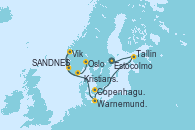 Visitando Estocolmo (Suecia), Tallin (Estonia), Copenhague (Dinamarca), Warnemunde (Alemania), SANDNES (STAVANGER), Vik (Noruega), Kristiansand (Noruega), Oslo (Noruega)