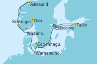 Visitando Estocolmo (Suecia), Tallin (Estonia), Copenhague (Dinamarca), Warnemunde (Alemania), Aalesund (Noruega), Stavanger (Noruega), Kristiansand (Noruega), Oslo (Noruega)