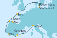 Visitando Copenhague (Dinamarca), Warnemunde (Alemania), Brest (Francia), Gijón (Asturias/España), La Coruña (Galicia/España), Cádiz (España), Cartagena (Murcia), Génova (Italia)