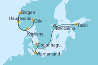 Visitando Estocolmo (Suecia), Tallin (Estonia), Copenhague (Dinamarca), Warnemunde (Alemania), Haugesund (Noruega), Bergen (Noruega), Kristiansand (Noruega), Oslo (Noruega)