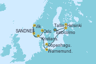 Visitando Estocolmo (Suecia), Helsinki (Finlandia), Tallin (Estonia), Copenhague (Dinamarca), Warnemunde (Alemania), Kristiansand (Noruega), Vik (Noruega), SANDNES (STAVANGER), Oslo (Noruega)