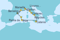 Visitando Barcelona, Marsella (Francia), Villefranche (Niza/Mónaco/Francia), Livorno, Pisa y Florencia (Italia), Civitavecchia (Roma), Nápoles (Italia), Catania (Sicilia), Ibiza (España), Palma de Mallorca (España), Barcelona