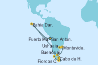 Visitando San Antonio (Chile), Bahia Darwin (Isla Genovesa/Galápagos), Fiordos Chilenos, Glaciar Amalia (Chile), navegación, Estrecho de Magallanes, Cabo de Hornos (Chile), Ushuaia (Argentina), Puerto Madryn (Argentina), Montevideo (Uruguay), Buenos aires