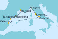 Visitando Barcelona, Marsella (Francia), Génova (Italia), Livorno, Pisa y Florencia (Italia), Civitavecchia (Roma), Valencia, Tarragona (España)