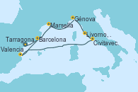 Visitando Tarragona (España), Marsella (Francia), Génova (Italia), Livorno, Pisa y Florencia (Italia), Civitavecchia (Roma), Valencia, Barcelona