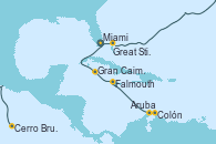 Visitando Miami (Florida/EEUU), Great Stirrup Cay (Bahamas), Cerro Brujo (Isla San Cristóbal/Galápagos), Colón, Aruba (Antillas), Falmouth (Jamaica), Gran Caimán (Islas Caimán), Miami (Florida/EEUU)