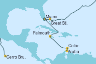 Visitando Miami (Florida/EEUU), Great Stirrup Cay (Bahamas), Cerro Brujo (Isla San Cristóbal/Galápagos), Aruba (Antillas), Colón, Falmouth (Jamaica), Miami (Florida/EEUU)