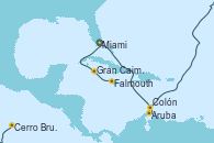 Visitando Miami (Florida/EEUU), Aruba (Antillas), Colón, Cerro Brujo (Isla San Cristóbal/Galápagos), Falmouth (Jamaica), Gran Caimán (Islas Caimán), Miami (Florida/EEUU)