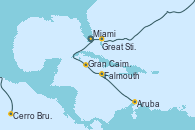 Visitando Miami (Florida/EEUU), Great Stirrup Cay (Bahamas), Cerro Brujo (Isla San Cristóbal/Galápagos), Aruba (Antillas), Falmouth (Jamaica), Gran Caimán (Islas Caimán), Miami (Florida/EEUU)