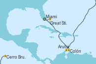 Visitando Miami (Florida/EEUU), Colón, Aruba (Antillas), Cerro Brujo (Isla San Cristóbal/Galápagos), Great Stirrup Cay (Bahamas), Miami (Florida/EEUU)