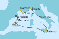 Visitando BarcelonaMar de las Baleares - Experiencia a bordo, Mar de las Baleares - Experiencia a bordo, Ibiza (España), Bahía de Ibiza - Experiencia a bordo, Palermo (Italia), Civitavecchia (Roma), Savona (Italia), Bahía de las Calanques - Experiencia a bordo, Marsella (Francia)