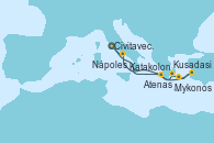 Visitando Civitavecchia (Roma), Chania (Creta/Grecia), Kusadasi (Efeso/Turquía), Mykonos (Grecia), Atenas (Grecia), Katakolon (Olimpia/Grecia), Nápoles (Italia), Civitavecchia (Roma)