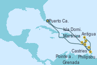 Visitando Puerto Cañaveral (Florida), Philipsburg (St. Maarten), Antigua (Antillas), Castries (Santa Lucía/Caribe), Grenada (Antillas), Martinica (Antillas), Puerto España (Trinidad y Tobago), Isla Dominica (Caribe), Pointe a Pitre (Guadalupe), Puerto Cañaveral (Florida)