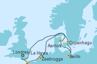 Visitando Londres (Reino Unido), Le Havre (Francia), Zeebrugge (Bruselas), Copenhague (Dinamarca), Berlín (Alemania), Aarhus (Dinamarca), Londres (Reino Unido)