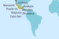 Visitando Los Ángeles (California), Huatulco (México), Acapulco (México), Zihuatanejo (México), Manzanillo (México), Puerto Vallarta (México), Mazatlan (México), Cabo San Lucas (México), Los Ángeles (California)