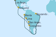 Visitando Los Ángeles (California), Acapulco (México), Cruzando el ecuador, Manta (Ecuador), Lima (Callao/Perú), Coquimbo (Chile), San Antonio (Chile)
