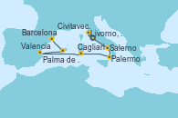 Visitando Civitavecchia (Roma), Livorno, Pisa y Florencia (Italia), Salerno (Italia), Palermo (Italia), Cagliari (Cerdeña), Valencia, Palma de Mallorca (España), Barcelona