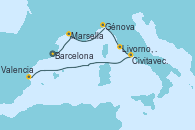 Visitando Barcelona, Marsella (Francia), Génova (Italia), Livorno, Pisa y Florencia (Italia), Civitavecchia (Roma), Valencia