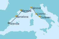 Visitando Valencia, Barcelona, Marsella (Francia), Génova (Italia), Livorno, Pisa y Florencia (Italia), Civitavecchia (Roma)