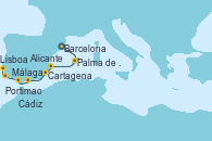 Visitando Barcelona, Palma de Mallorca (España), Alicante (España), Cartagena (Murcia), Málaga, Cádiz (España), Portimao (Portugal), Lisboa (Portugal)