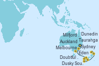 Visitando Sydney (Australia), Eden (Nueva Gales), Melbourne (Australia), Milfjord Sound (Nueva Zelanda), Dusky Sound (Nueva Zelanda), Doubtful Sound (Nueva Zelanda), Dunedin (Nueva Zelanda), Tauranga (Nueva Zelanda), Auckland (Nueva Zelanda)