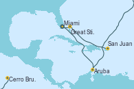 Visitando Miami (Florida/EEUU), Aruba (Antillas), Cerro Brujo (Isla San Cristóbal/Galápagos), San Juan (Puerto Rico), Great Stirrup Cay (Bahamas), Miami (Florida/EEUU)