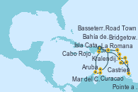 Visitando La Romana (República Dominicana), Mar del Caribe - Experiencia a bordo, Castries (Santa Lucía/Caribe), Bridgetown (Barbados), Pointe a Pitre (Guadalupe), Bahía de Guadalupe - Experiencia a bordo, Bahía de Guadalupe - Experiencia a bordo, Basseterre (Antillas), Road Town (Isla Tórtola/Islas Vírgenes), La Romana (República Dominicana), Isla Catalina (República Dominicana), Aruba (Antillas), Curacao (Antillas), Kralendijk (Antillas), Cabo Rojo, La Romana (República Dominicana)