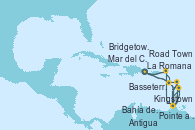 Visitando La Romana (República Dominicana), Mar del Caribe - Experiencia a bordo, Kingstown (Granadinas), Bridgetown (Barbados), Pointe a Pitre (Guadalupe), Bahía de Guadalupe - Experiencia a bordo, Bahía de Guadalupe - Experiencia a bordo, Basseterre (Antillas), Road Town (Isla Tórtola/Islas Vírgenes), La Romana (República Dominicana), Mar del Caribe - Experiencia a bordo, Kingstown (Granadinas), Antigua (Antillas), Pointe a Pitre (Guadalupe), Bahía de Guadalupe - Experiencia a bordo, Bahía de Guadalupe - Experiencia a bordo, Basseterre (Antillas), Road Town (Isla Tórtola/Islas Vírgenes), La Romana (República Dominicana)