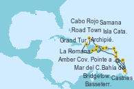 Visitando Pointe a Pitre (Guadalupe)Bahía de Guadalupe - Experiencia a bordo, Bahía de Guadalupe - Experiencia a bordo, Basseterre (Antillas), Road Town (Isla Tórtola/Islas Vírgenes), La Romana (República Dominicana), Isla Catalina (República Dominicana), Bahía de Catalina - Experiencia a bordo, Samana (República Dominicana), Amber Cove (República Dominicana), Grand Turks(Turks & Caicos), Archipiélago de las Islas Turcas y Caicos -Experie, Cabo Rojo, La Romana (República Dominicana), Mar del Caribe - Experiencia a bordo, Castries (Santa Lucía/Caribe), Bridgetown (Barbados), Pointe a Pitre (Guadalupe)