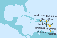 Visitando Santo Domingo (República Dominicana), Martinica (Antillas), Bahía de Martinica - Experiencia a bordo, Pointe a Pitre (Guadalupe), Basseterre (Antillas), Antigua (Antillas), Mar de las Antillas - Experiencia a bordo, Road Town (Isla Tórtola/Islas Vírgenes), Santo Domingo (República Dominicana) Visitando Santo Domingo (República Dominicana), Martinica (Antillas), Bahía de Martinica - Experiencia a bordo, Pointe a Pitre (Guadalupe), Basseterre (Antillas), Antigua (Antillas), Mar de las Antillas - Experiencia a bordo, Road Town (Isla Tórtola/Islas Vírgenes), Santo Domingo (República Dominicana)