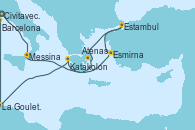 Visitando Civitavecchia (Roma), Messina (Sicilia), Esmirna (Turquía), Estambul (Turquía), Atenas (Grecia), Katakolon (Olimpia/Grecia), La Goulette (Tunez), Barcelona