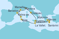Visitando Savona (Italia), Civitavecchia (Roma), Catania (Sicilia), Atenas (Grecia), Santorini (Grecia), Mykonos (Grecia), La Valletta (Malta), Ibiza (España), Palma de Mallorca (España), Barcelona, Marsella (Francia), Savona (Italia)