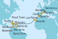 Visitando Savona (Italia), Marsella (Francia), Barcelona, Gibraltar (Inglaterra), Cádiz (España), Arrecife (Lanzarote/España), Las Palmas de Gran Canaria (España), Philipsburg (St. Maarten), Martinica (Antillas), Pointe a Pitre (Guadalupe), Basseterre (Antillas), Mar de las Antillas - Experiencia a bordo, Road Town (Isla Tórtola/Islas Vírgenes), Philipsburg (St. Maarten), Santo Domingo (República Dominicana), Martinica (Antillas), Bahía de Martinica - Experiencia a bordo, Pointe a Pitre (Guadalupe)