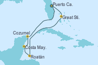 Visitando Puerto Cañaveral (Florida), Great Stirrup Cay (Bahamas), Roatán (Honduras), Costa Maya (México), Cozumel (México), Puerto Cañaveral (Florida)
