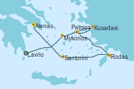 Visitando Lavrio (Grecia)Mykonos (Grecia), Kusadasi (Efeso/Turquía), Patmos (Grecia), Rodas (Grecia), Santorini (Grecia), Atenas (Grecia)
