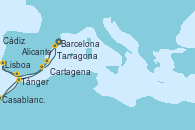 Visitando Barcelona, Alicante (España), Lisboa (Portugal), Cádiz (España), Tánger (Marruecos), Casablanca (Marruecos), Cartagena (Murcia), Tarragona (España)