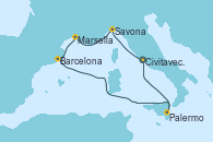 Visitando Civitavecchia (Roma), Savona (Italia), Marsella (Francia), Barcelona, Palermo (Italia), Civitavecchia (Roma)