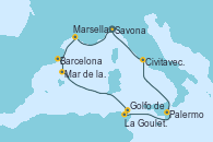 Visitando Savona (Italia), Marsella (Francia), Barcelona, Mar de las Baleares - Experiencia a bordo, Mar de las Baleares - Experiencia a bordo, La Goulette (Tunez), Golfo de Túnez - Experiencia a bordo, Palermo (Italia), Civitavecchia (Roma), Savona (Italia)